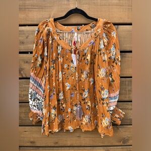 NWT RAGA Morning Glories Floral long sleeve blouse, brown / multi, size Small